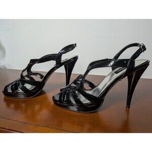White House Black Market Black Patent Strappy Stiletto Sandals 8 Dress Heels